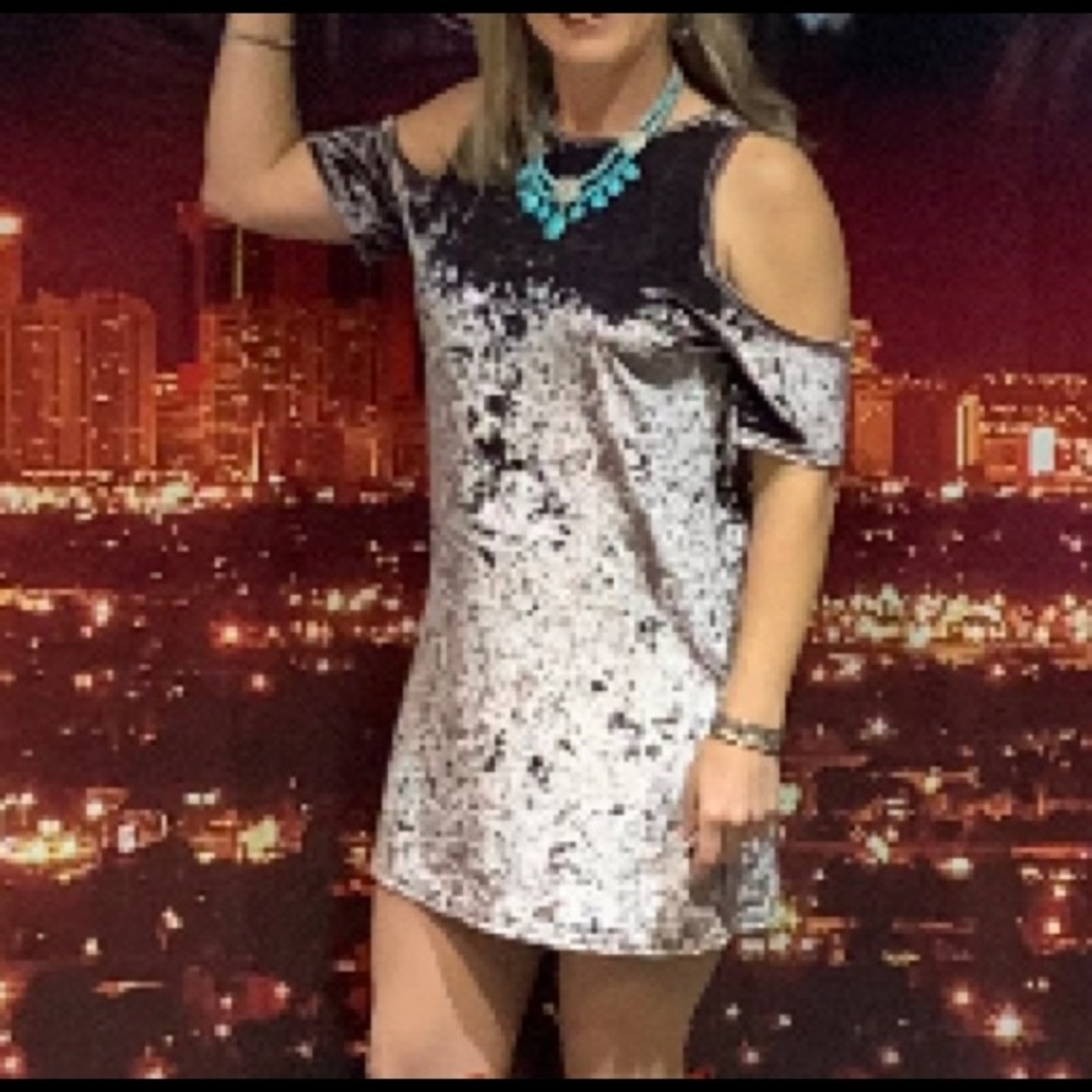 CRAZY TRAIN Cold Shoulder Dress shimmery silver color